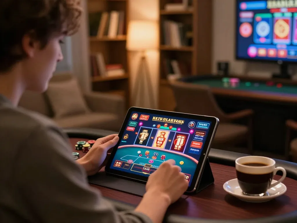 CM88 user engaging in online gambling strategy using a tablet, cozy home atmosphere.