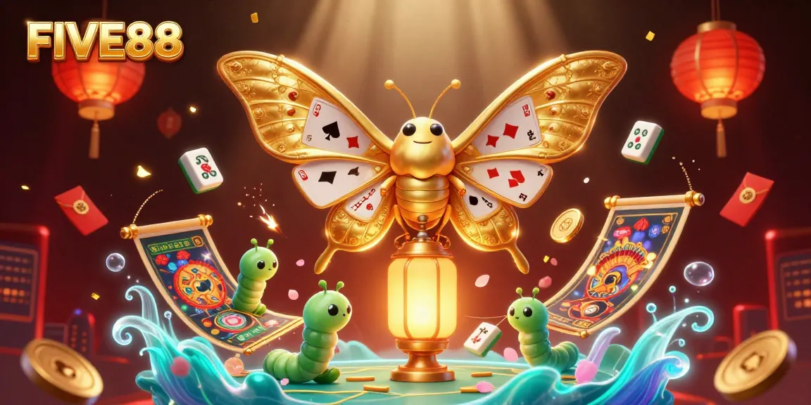 Experience thrilling moments at FIVE88 with vibrant casino elements and majestic moth graphics.