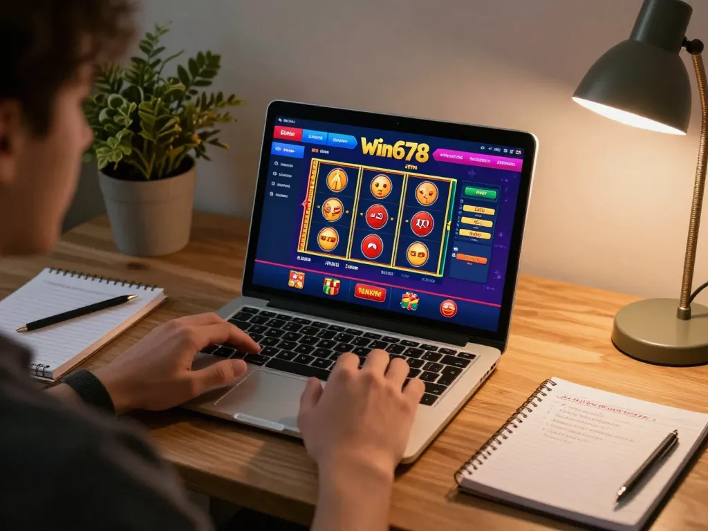 Player enjoying win678 com casino app on tablet, emphasizing online gambling experience.