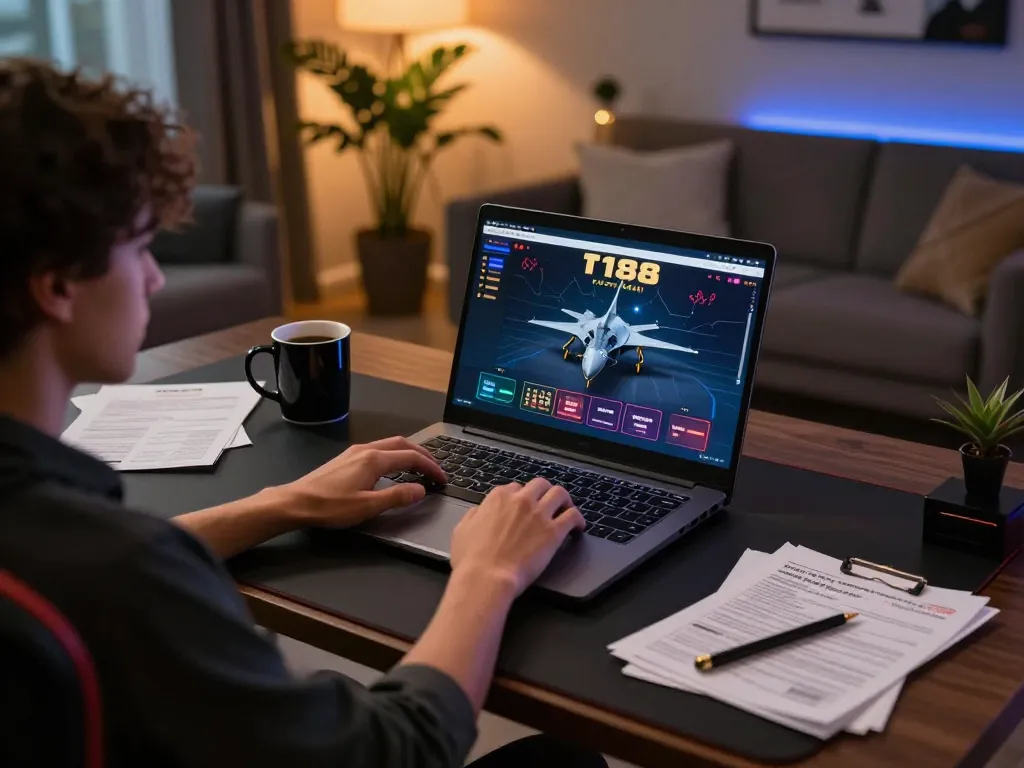 Player engaging with f168 online casino gaming on a sleek laptop in a stylish home office.