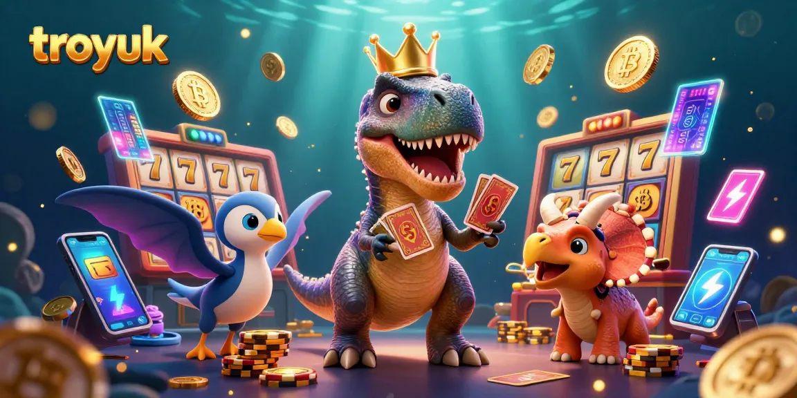 Watch the troyuk T-Rex hilariously juggling cards with a pterodactyl while gaming chips stack high.
