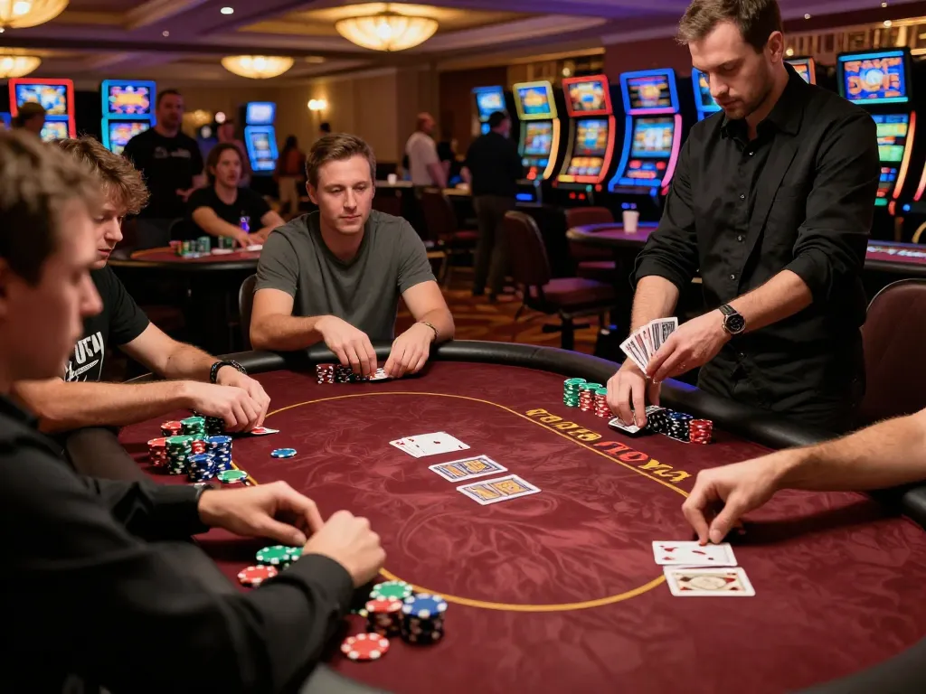 Players engage in an intense game of poker at a stunning casino table, highlighting sc88.com for strategic gambling.