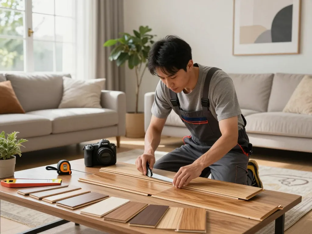 Flooring specialists near me demonstrating hardwood floor installation in a modern living room.