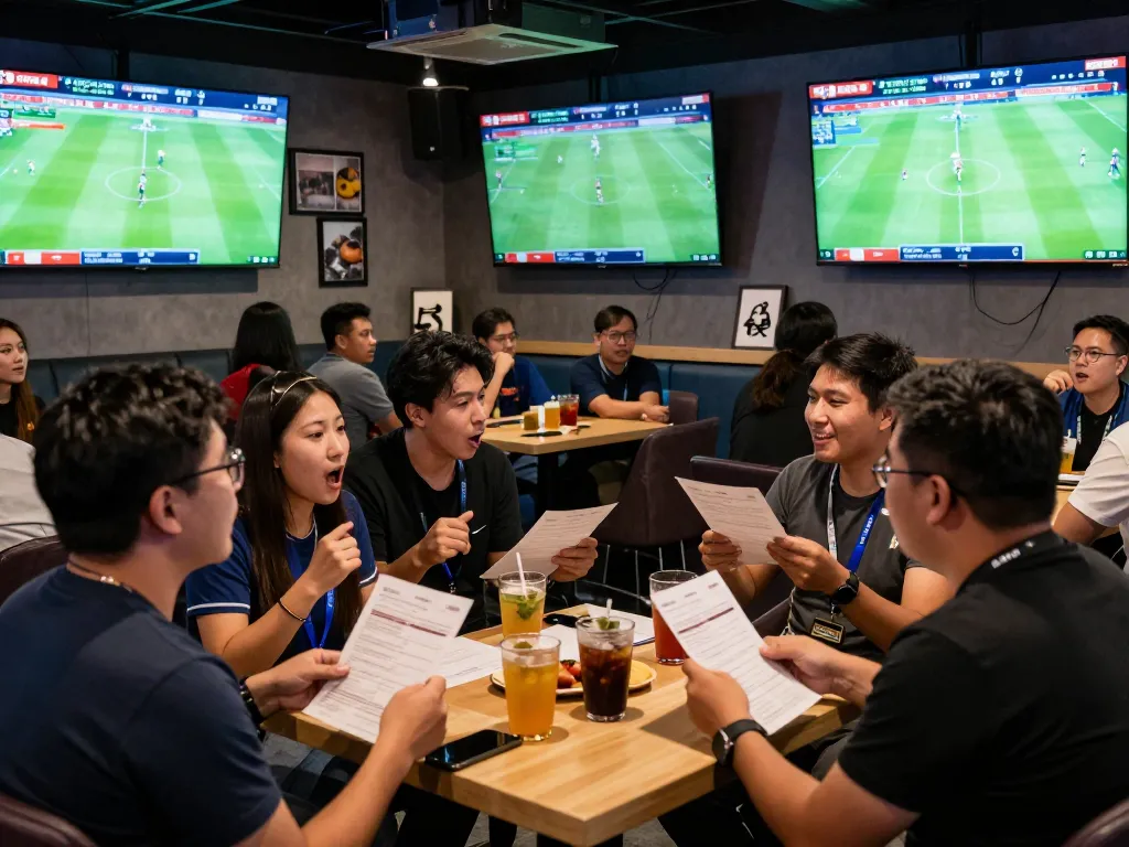 Engaged fans analyzing tỷ lệ kèo nhà cái 5 in a bustling sports betting lounge during a live match.