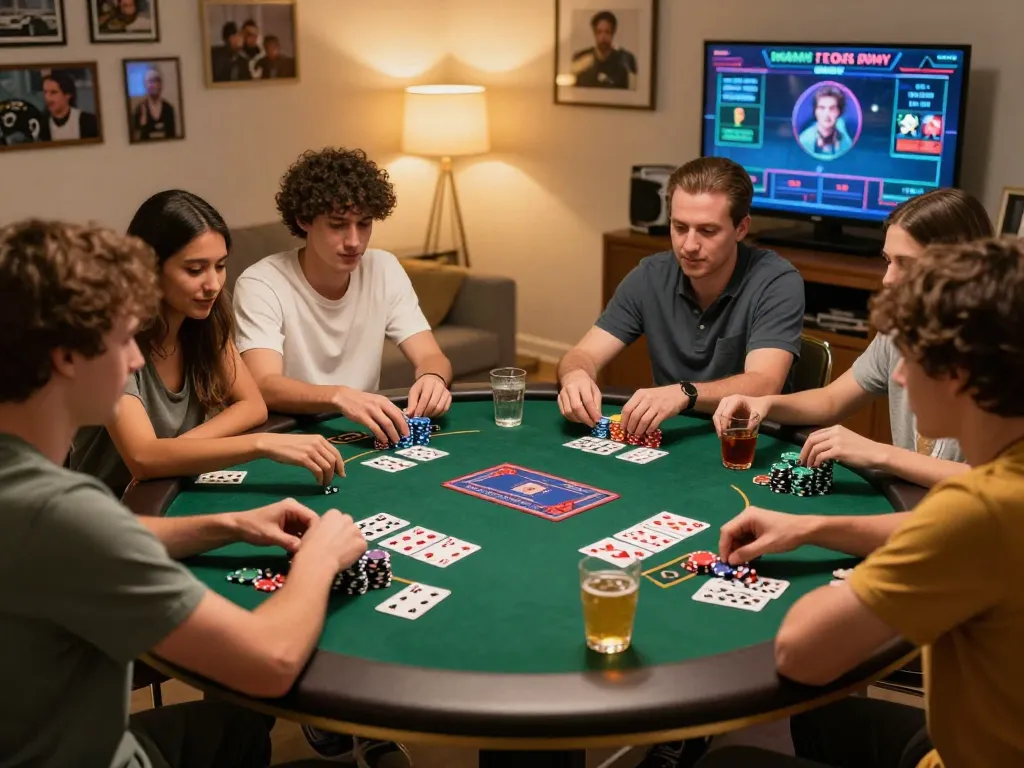 C168 nhà cái players enjoying Texas Hold'em poker in a lively home game setting