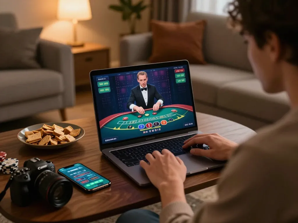 Tải hitclub with engaging online gambling session at home, featuring a player focused on a live blackjack game.