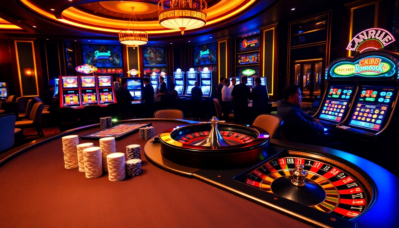 Excited players enjoying games at the CM88 nhà cái online casino, featuring vibrant slots and poker tables.