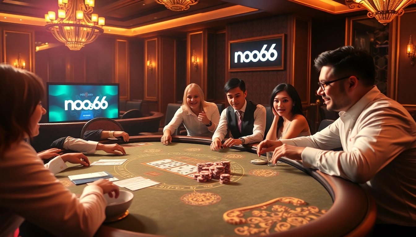 ผู้เล่นเข้าร่วมเกมโป๊กเกอร์เดิมพันสูงที่คาสิโน Noo66 โดยรอบล้อมด้วยองค์ประกอบคาสิโนที่สดใส
