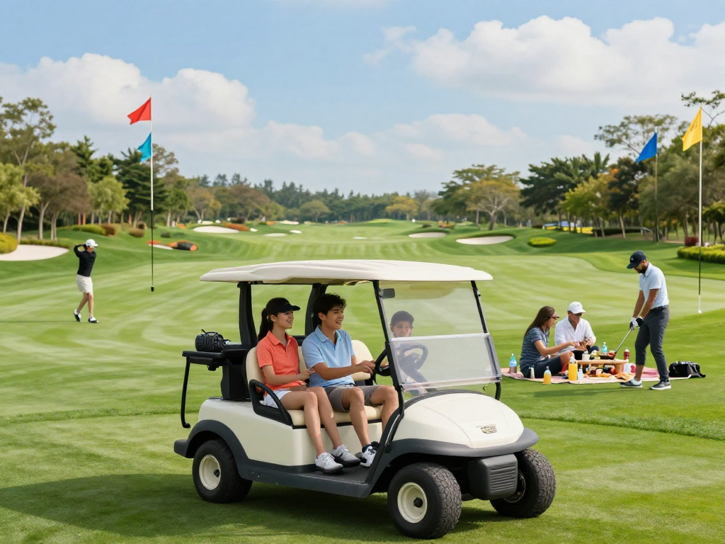 Gas golf cart for sale cruising through a sunny golf course with happy family.