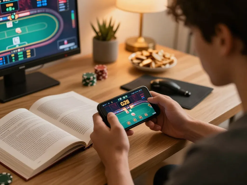 Player immerses in G28 casino app gaming, showcasing strategy in a cozy home setup.