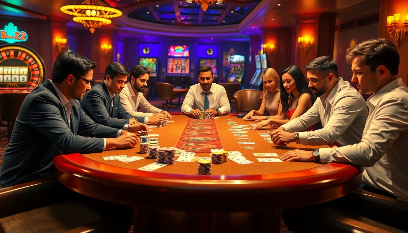 B52 poker players strategizing with colorful chips and cash in a luxurious casino.