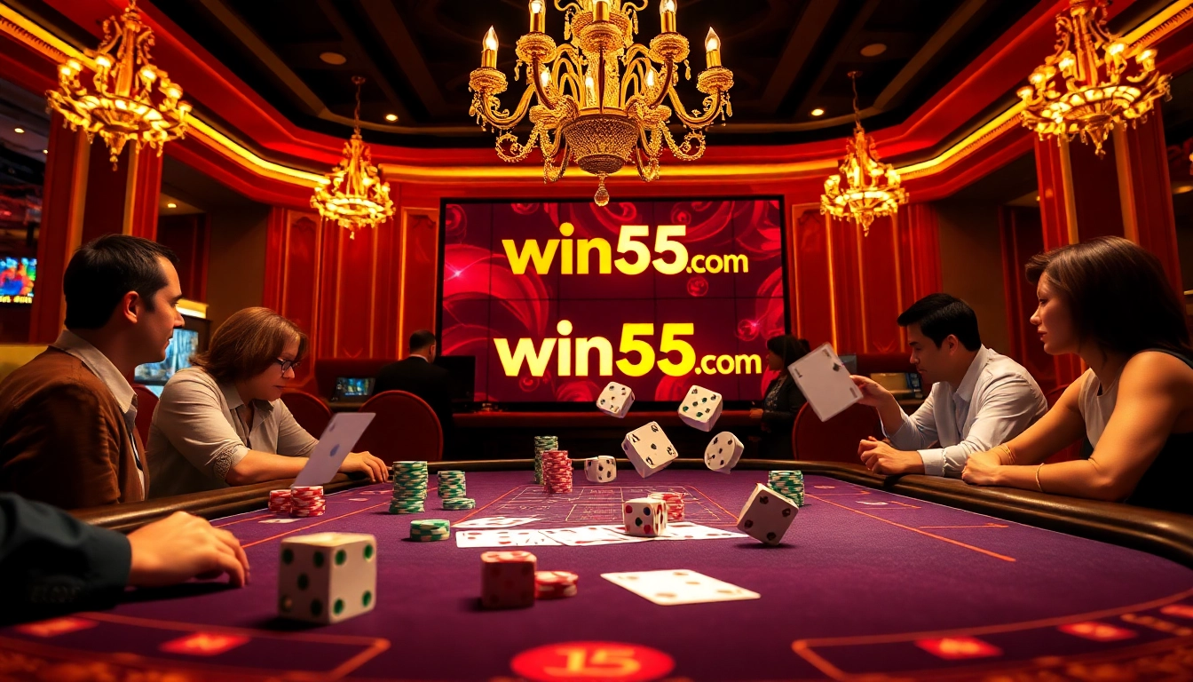 Experience excitement at win55 com with vibrant casino gameplay, including poker chips and cards.
