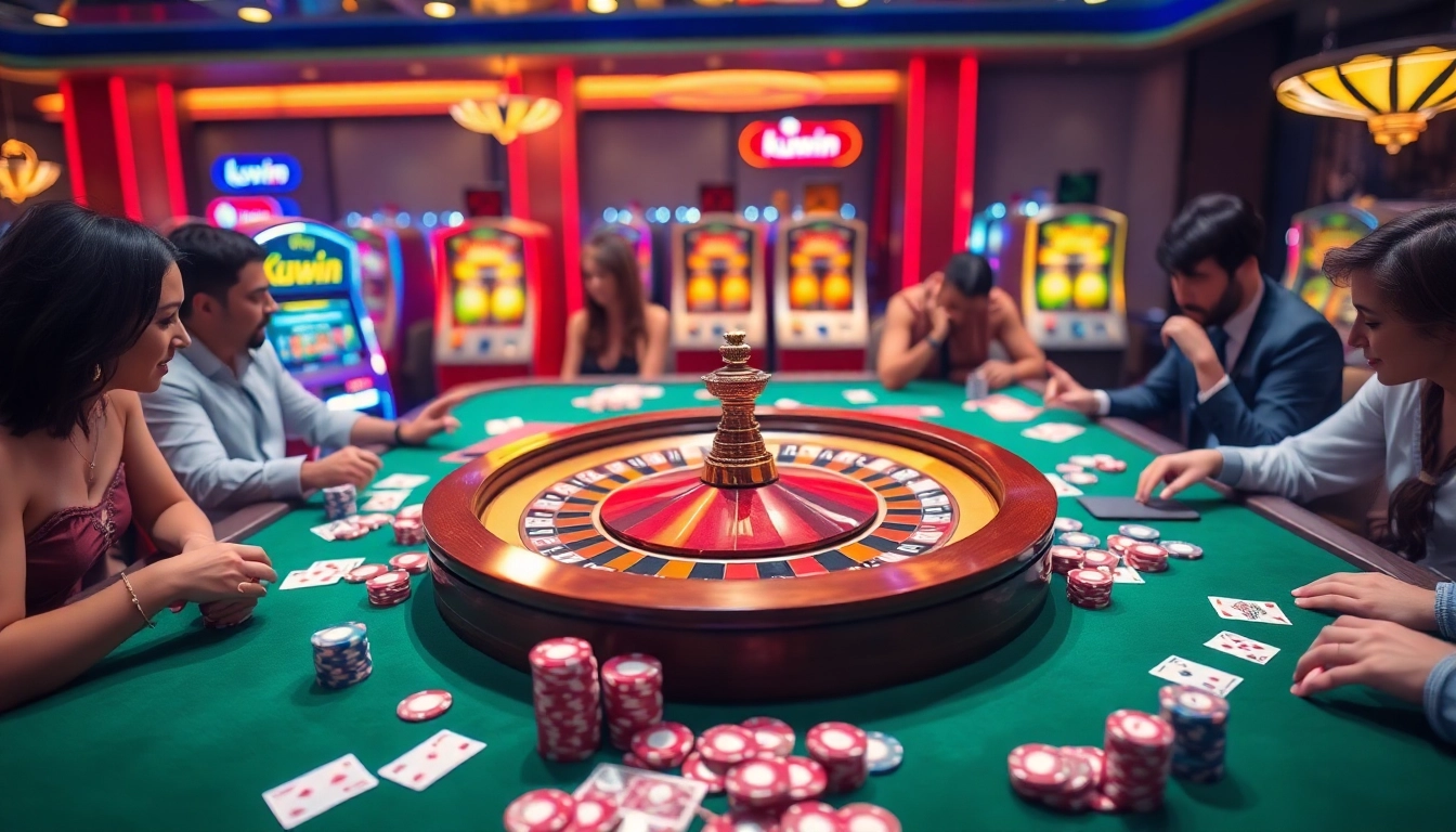 Kuwin casino experience showcasing roulette, poker chips, and engaged players in a vibrant atmosphere.
