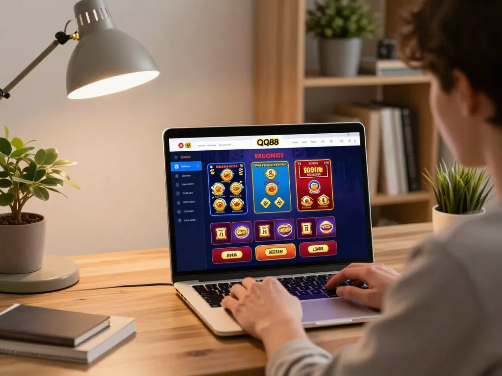Player exploring QQ88's gaming features on a laptop in a cozy home setup, showcasing online gambling engagement and strategy.