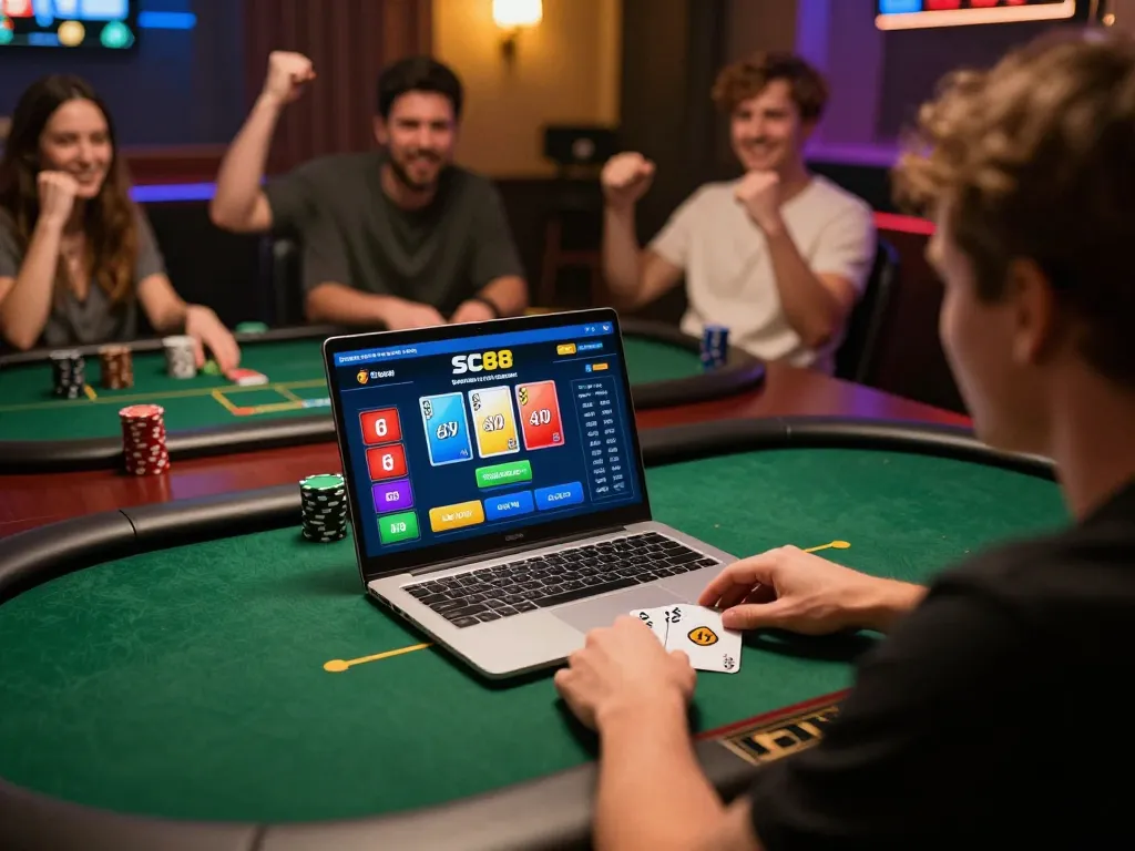 Player strategizing in an SC88 online poker game, showcasing a focused atmosphere and engaging gameplay