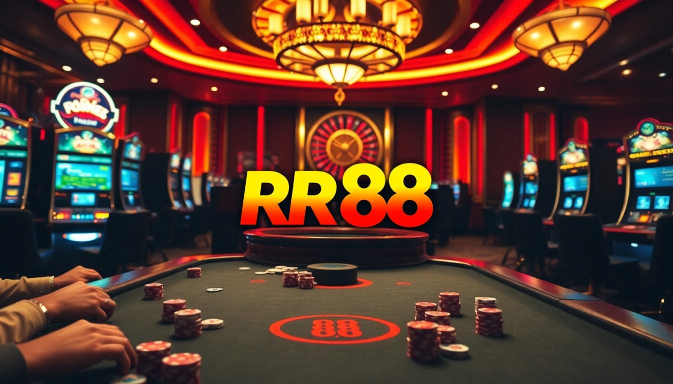 Experience the excitement of RR 88 with thrill-seekers playing poker and rotating roulette wheels in a vibrant casino.