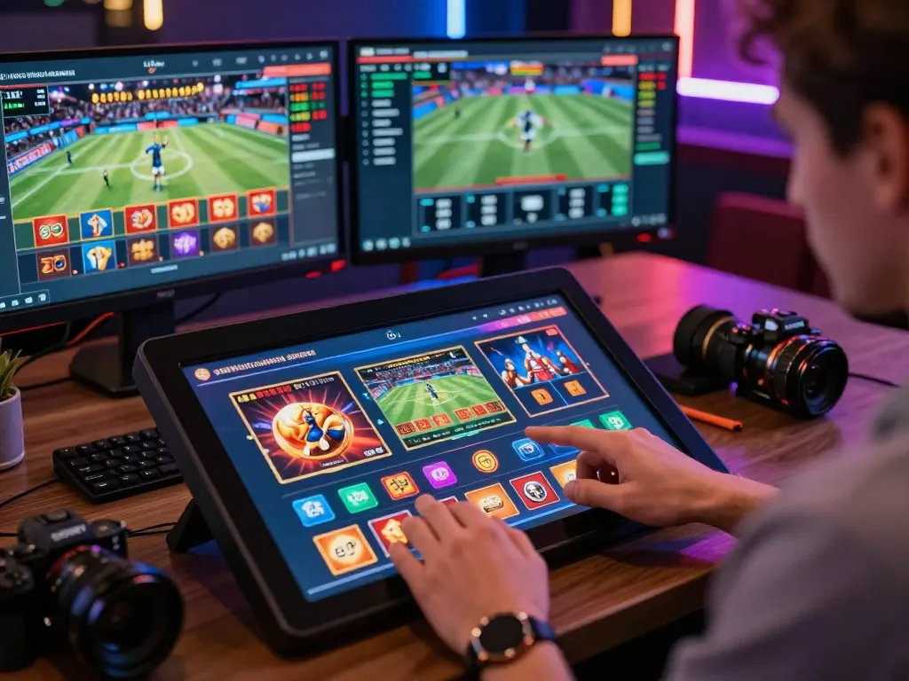 Engaged player using https://gem88.com.mx/ digital betting interface in a vibrant online gaming setup.