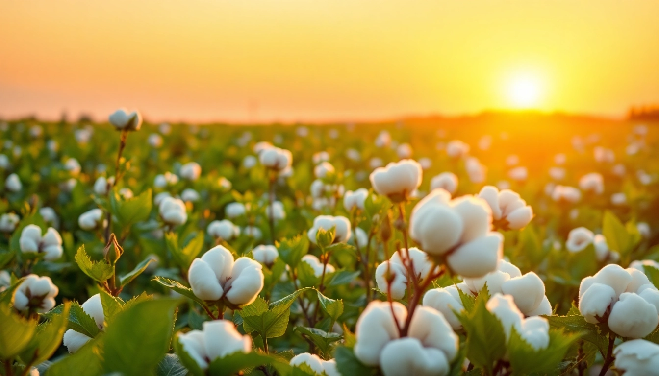 Verken katoenvelden met zachte, witte bollen die stralen met de zonsopgang.