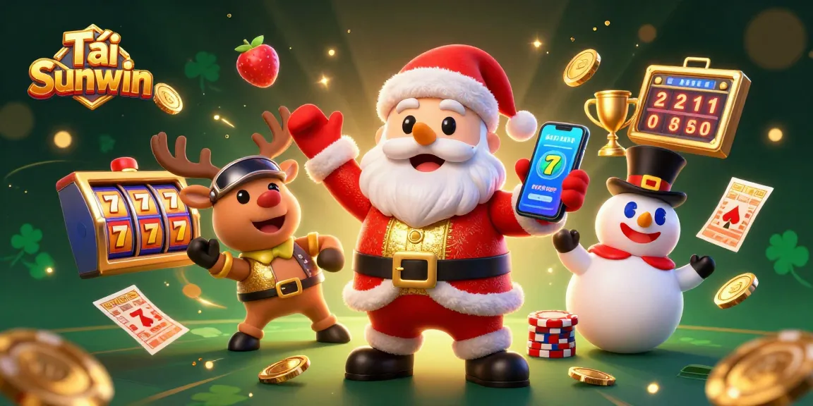 Tải Sunwin and win with Santa and friends in a vibrant casino-themed illustration showcasing jackpot slots.