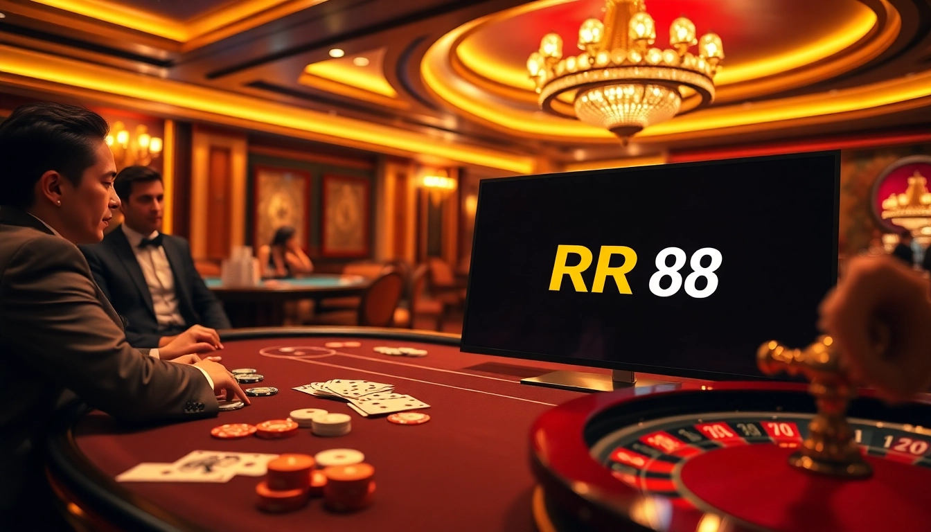 Experience the thrill of RR 88 with vibrant gaming visuals at a luxurious casino table.