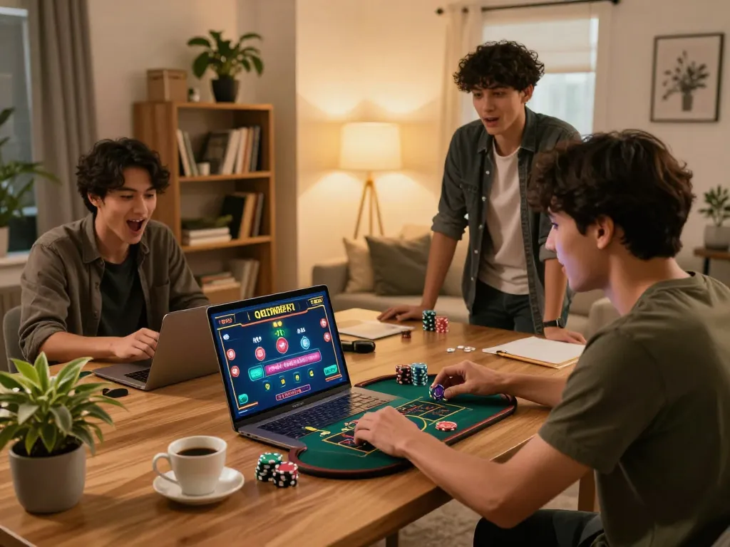 Engaging in live dealer gameplay on QQ88 during cozy home gaming session, laptop displaying vibrant casino interface.