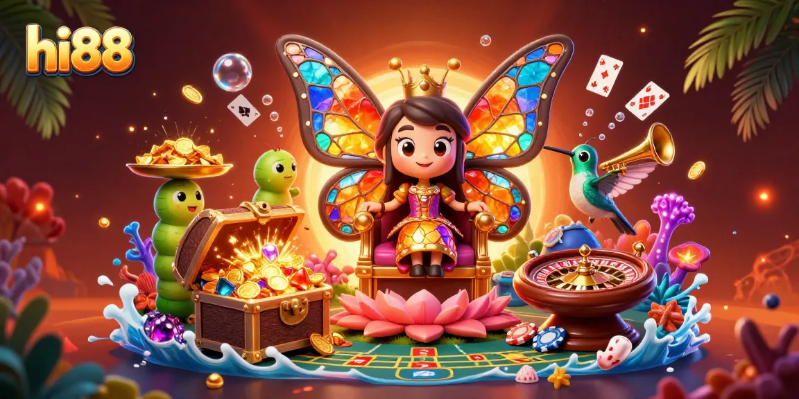 Join the excitement at hi88 casino with a vibrant scene featuring games, treasures, and fun!