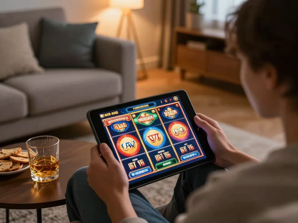 Player enjoying online slots at home while using 789winco tablet in a cozy environment.