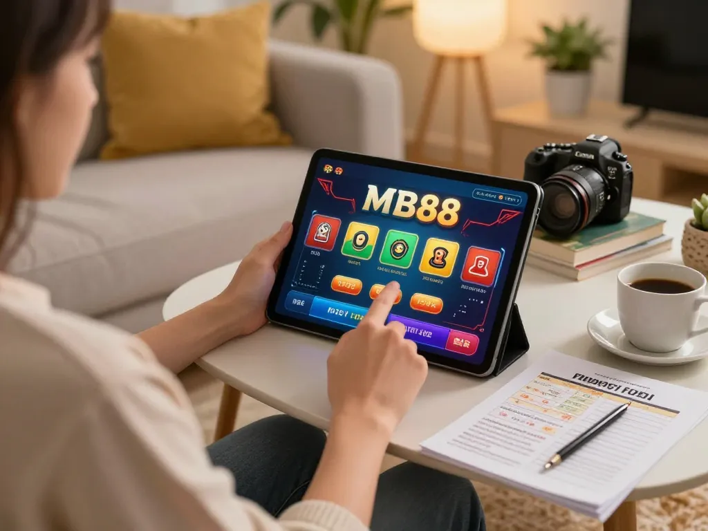 Player enjoying online casino games on MB88 using a tablet in a cozy living room setup.