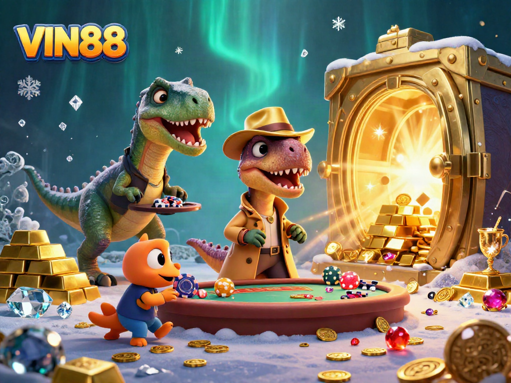 Experience thrilling gameplay at VIN88, featuring a velociraptor card counter and action-packed casino scene.