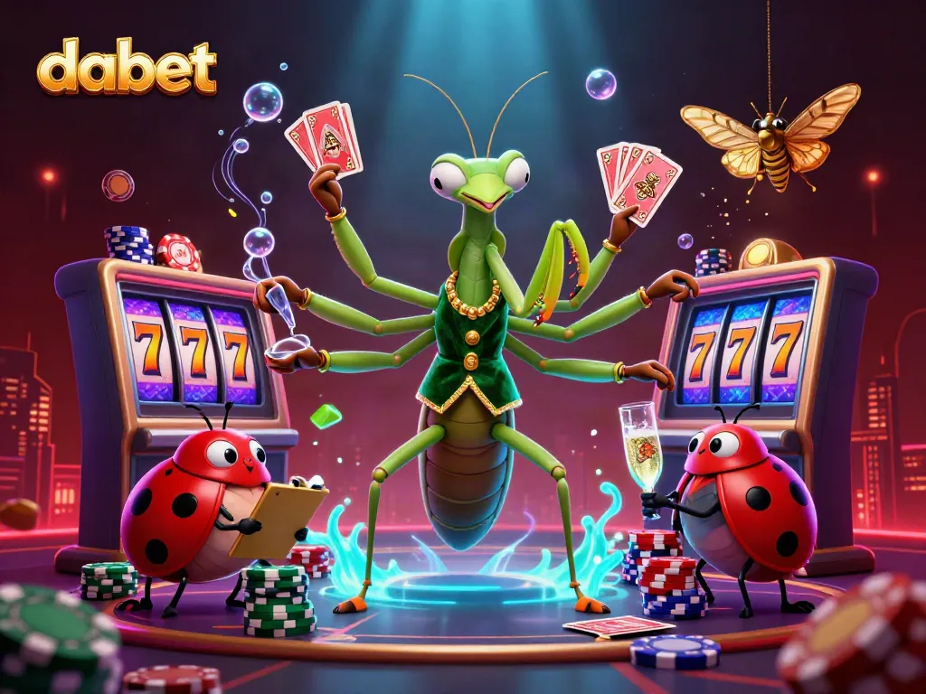 Dabet's vibrant casino scene showcases card dealing mantis, ladybug pit boss, and thrilling slot game elements.