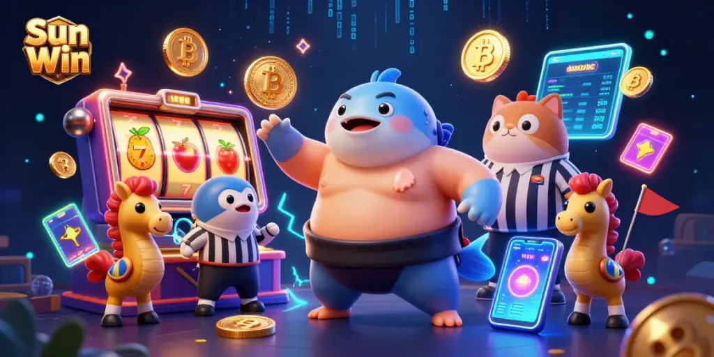 Spin the reels with Sun Win in a vibrant jackpot arena featuring a cartoon fugu, catfish referee, and seahorses.