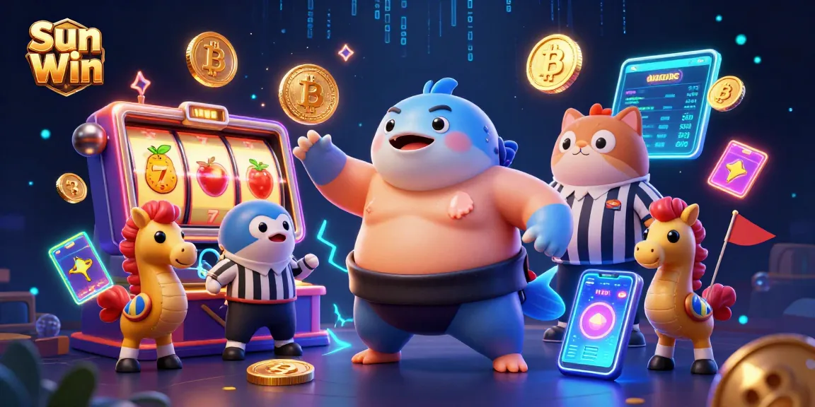 Spin the reels with Sun Win in a vibrant jackpot arena featuring a cartoon fugu, catfish referee, and seahorses.
