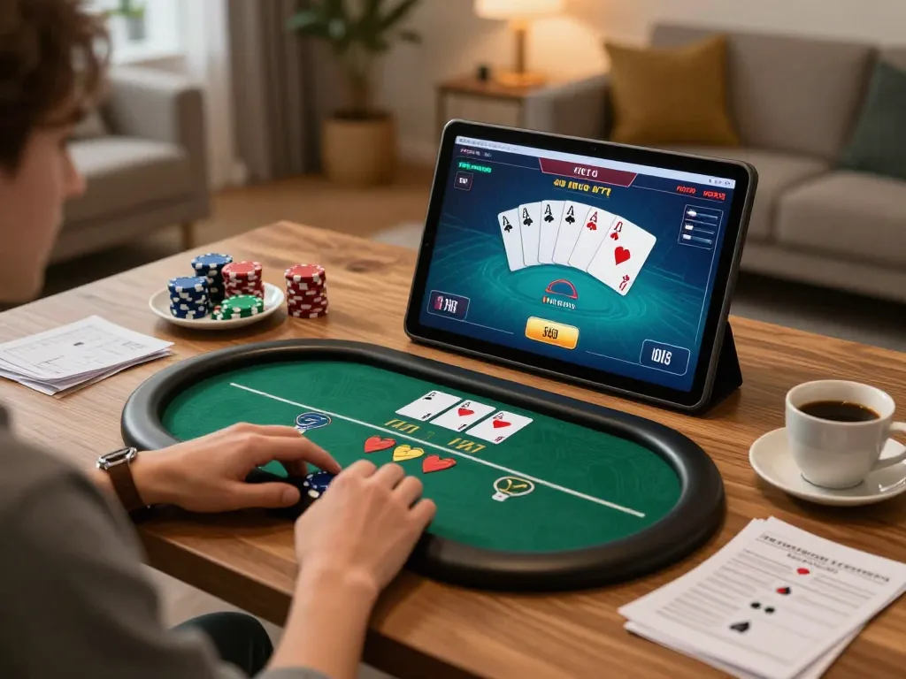 Engaging in TR88 online poker game, showcasing strategy notes and an inviting atmosphere.