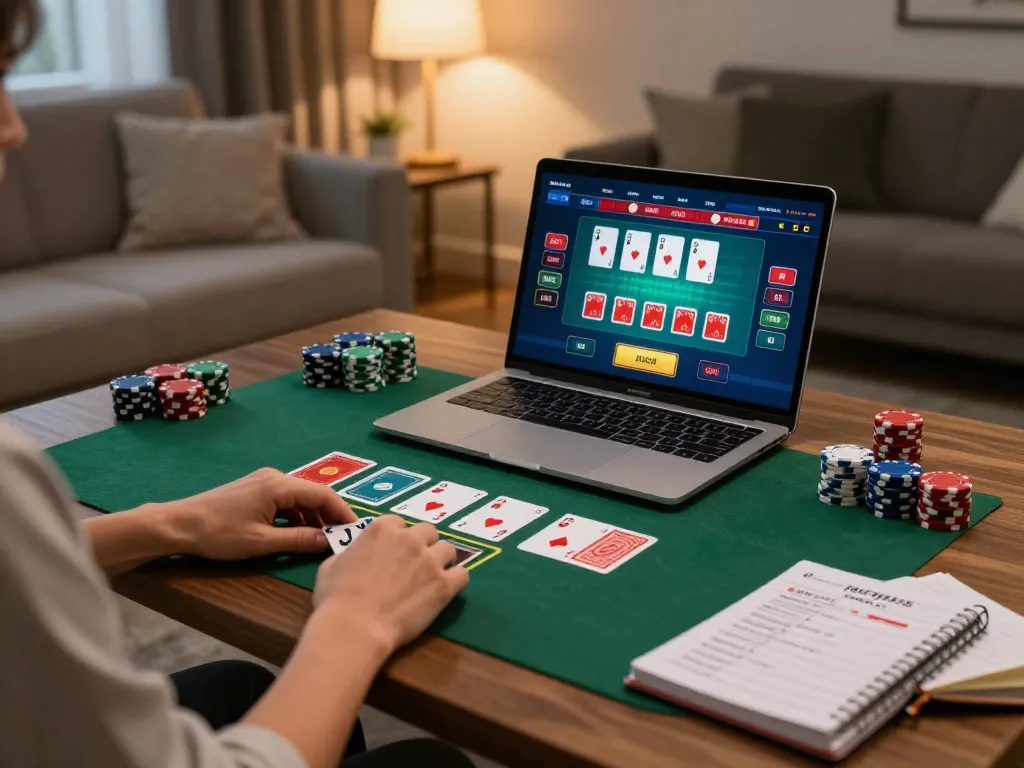Engaging player strategizing for blackjack at 8kbet in a cozy home setting