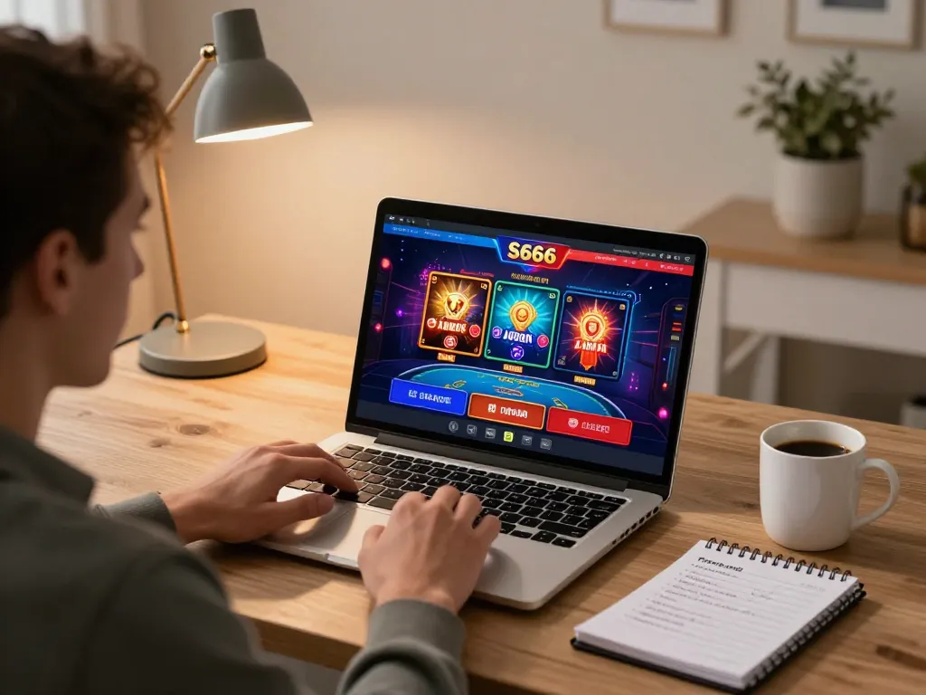 S666 player engaged in online casino gaming on a laptop, vibrant game graphics in view.