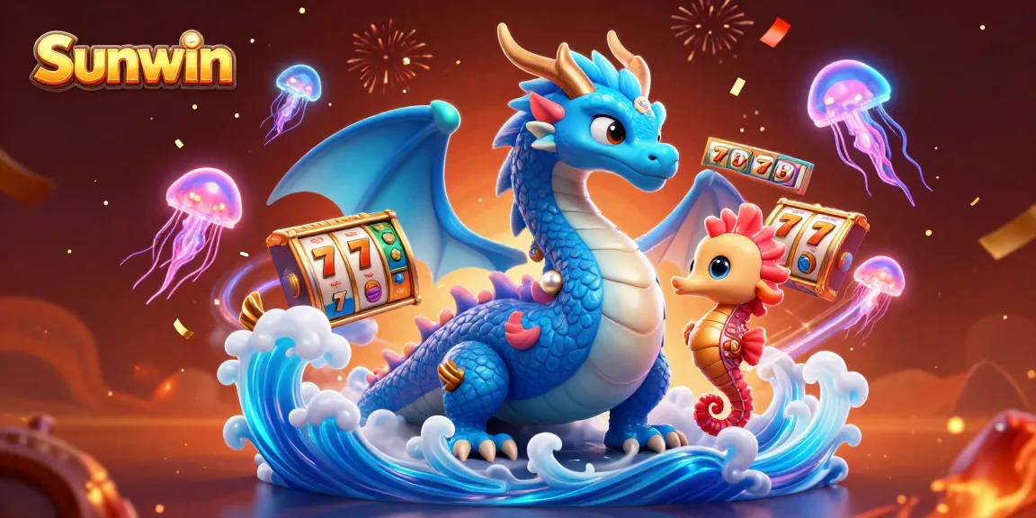 Sunwin brings excitement with a majestic dragon and slot game elements in a vibrant casino-themed illustration.
