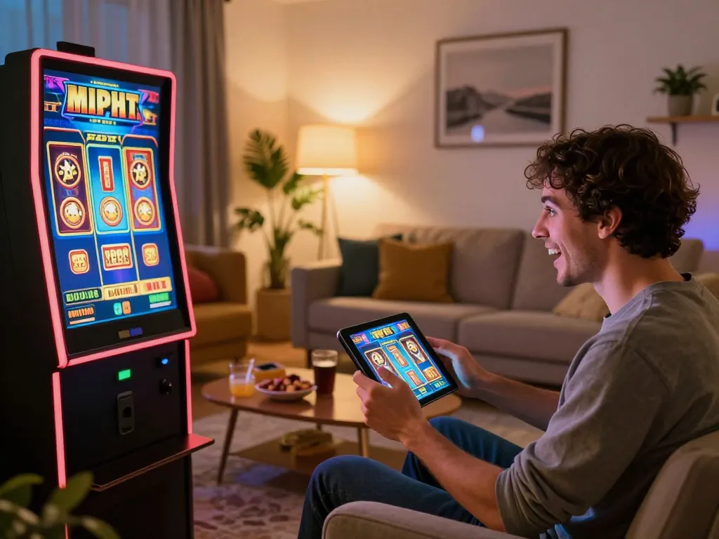 Player enjoying tg88 online slots on tablet in a cozy home with excitement