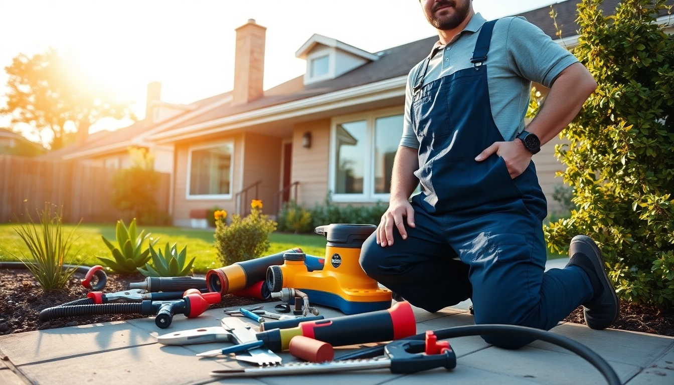Plumber near me working in a sunny backyard setting with tools and equipment.