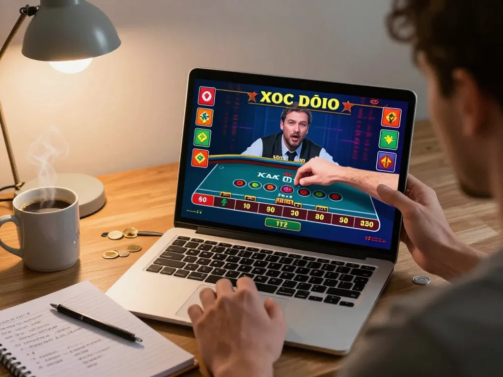 Xóc đĩa player engaging in strategic betting from a cozy home office setup while analyzing plays.