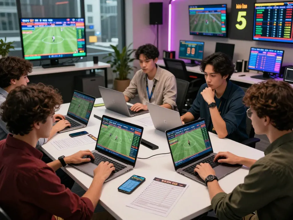 Group of bettors analyzing kèo nhà cái 5 in a modern office environment, displaying live match data and betting strategies.