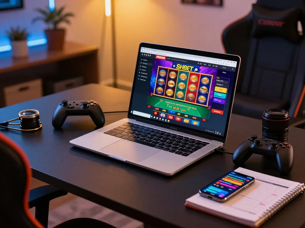 Engaging online gaming scene at SHBET .COM with vibrant casino game graphics and strategic setup.