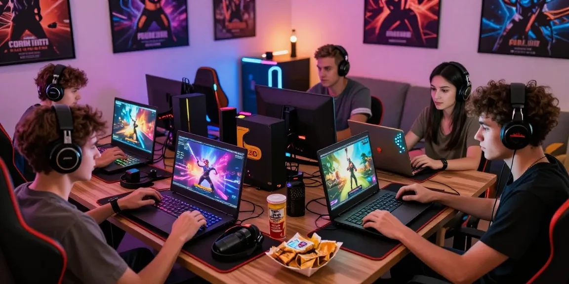 A lively group of gamers immersed in HTML porn games on various devices, showcasing engaging interactive entertainment.