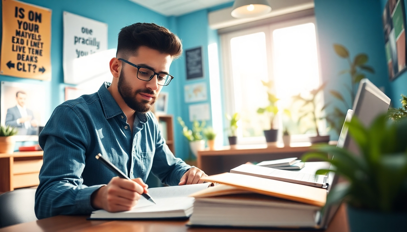 Student engaged in exam preparation using textbooks and a laptop in a bright study room.