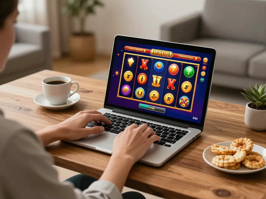 Player enjoying an exciting online slot game experience at 123B casino, with vibrant visuals in a cozy home setting.