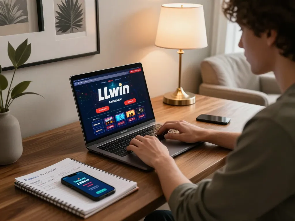 Player engaging with the LLwin online casino interface on a laptop, capturing modern home gambling experience.
