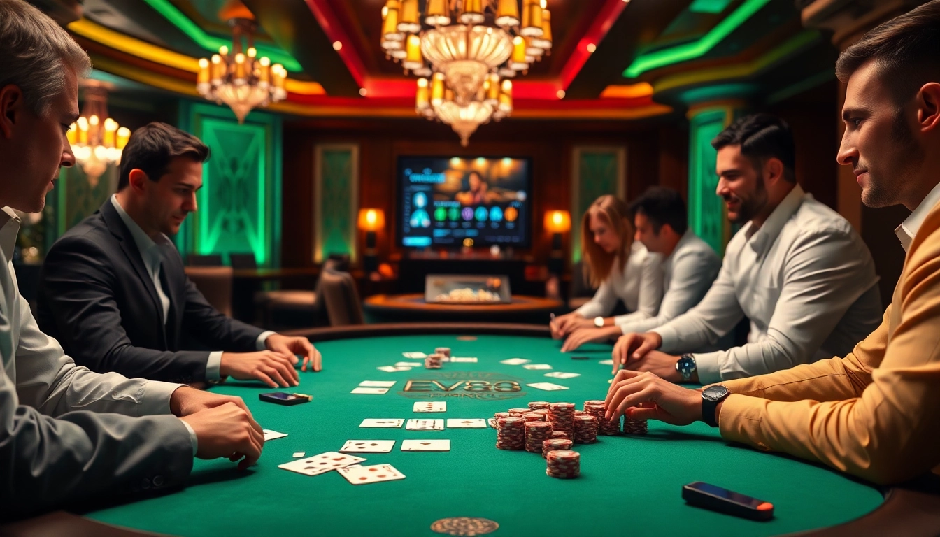 EV88 ea - Engaging poker players in a vibrant casino setting, highlighting strategic gameplay.