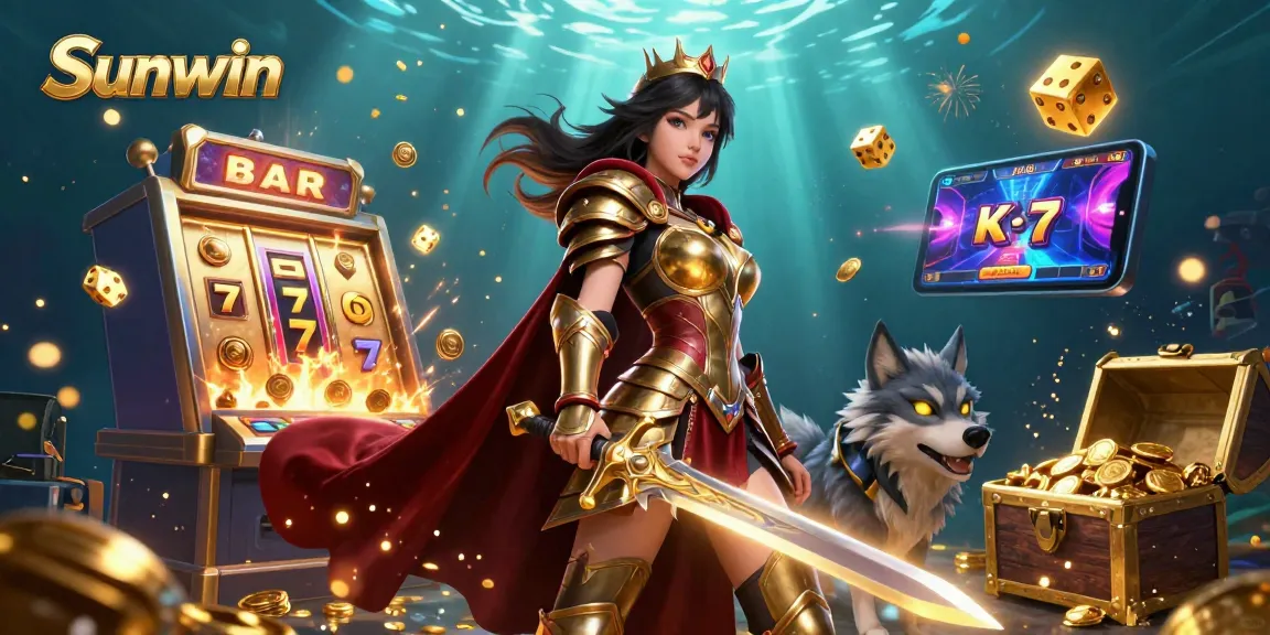 Sunwin enhances gaming excitement with a warrior queen and armored wolf amidst a jackpot explosion and casino elements.