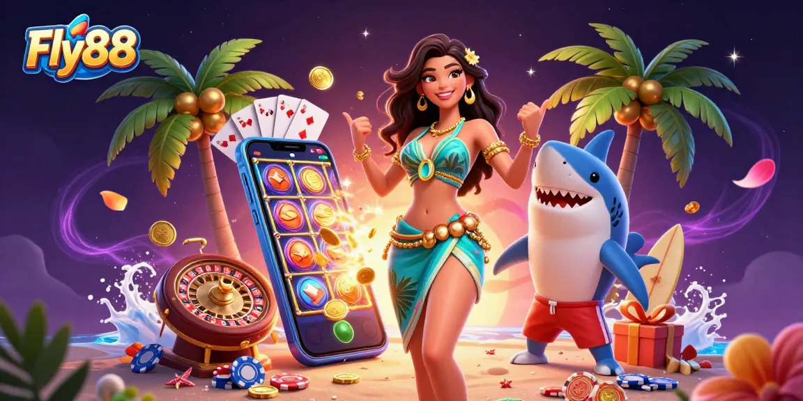 Fly88 showcases a vibrant 3D casino scene with golden coins and lively slot games, engaging users with action.