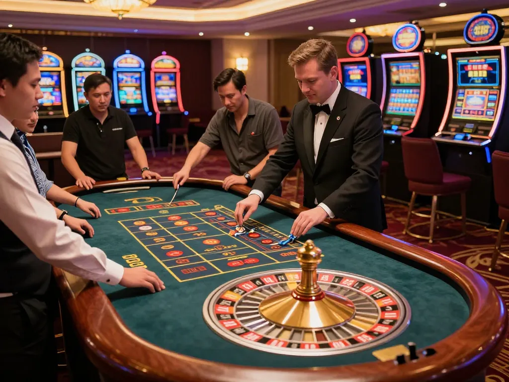 Players engaging at the roulette table at fly88 com casino, capturing the excitement of wagering.