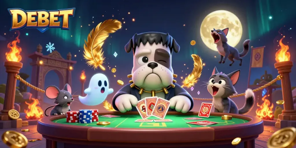 Experience DEBET with a 3D cartoon monster dealer at a vibrant casino tabletop, engaging players.